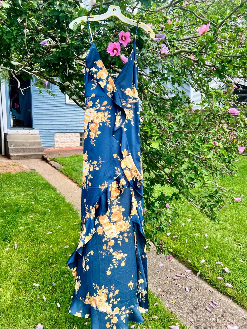 Vici Dolls Floral Satin Ruffle Halter Maxi Dress Navy Blue Flowing S Faux Wrap - Picture 16 of 16